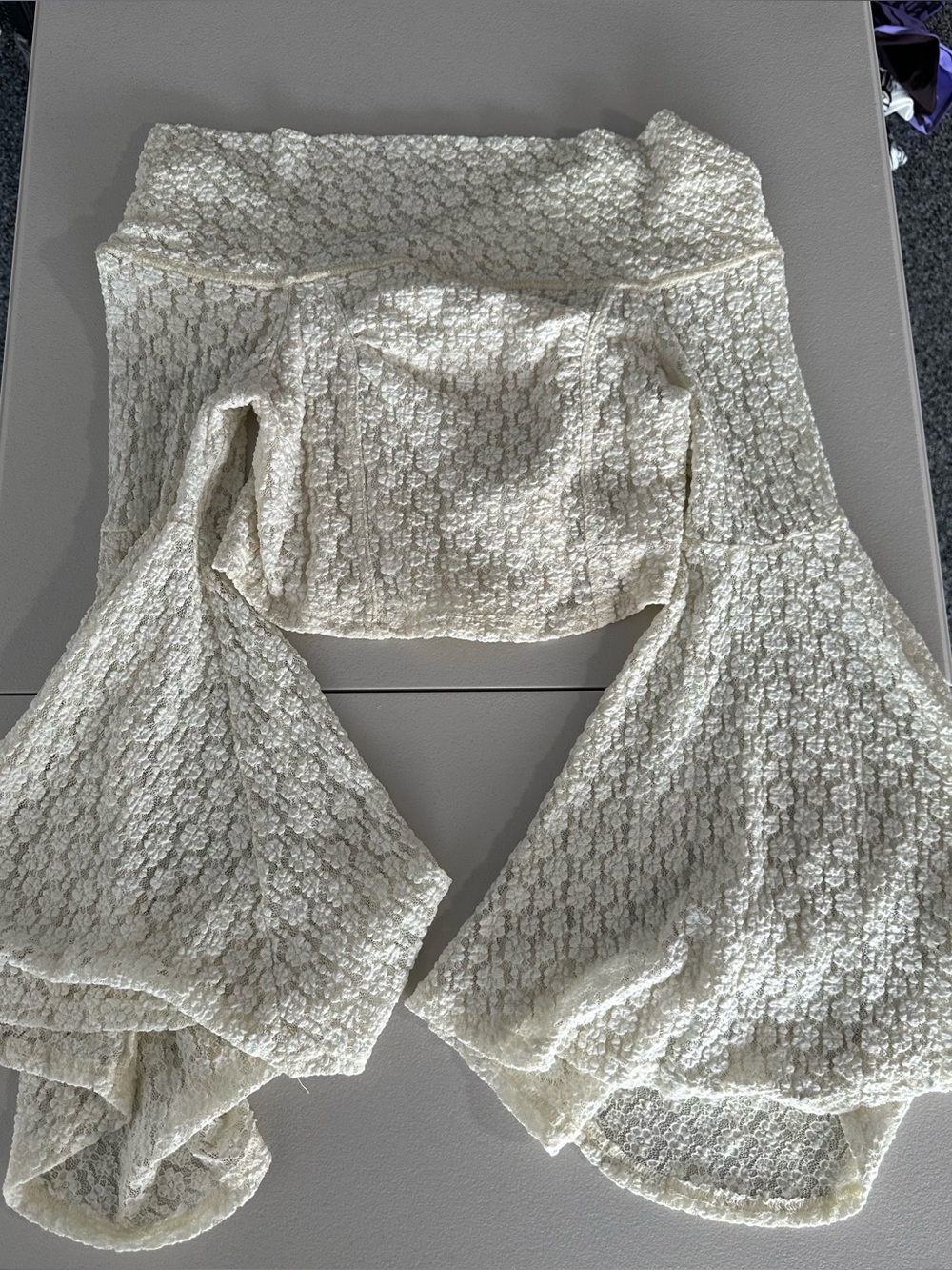 By together off shoulder cropped bell sleeve ivory lace top vintage style